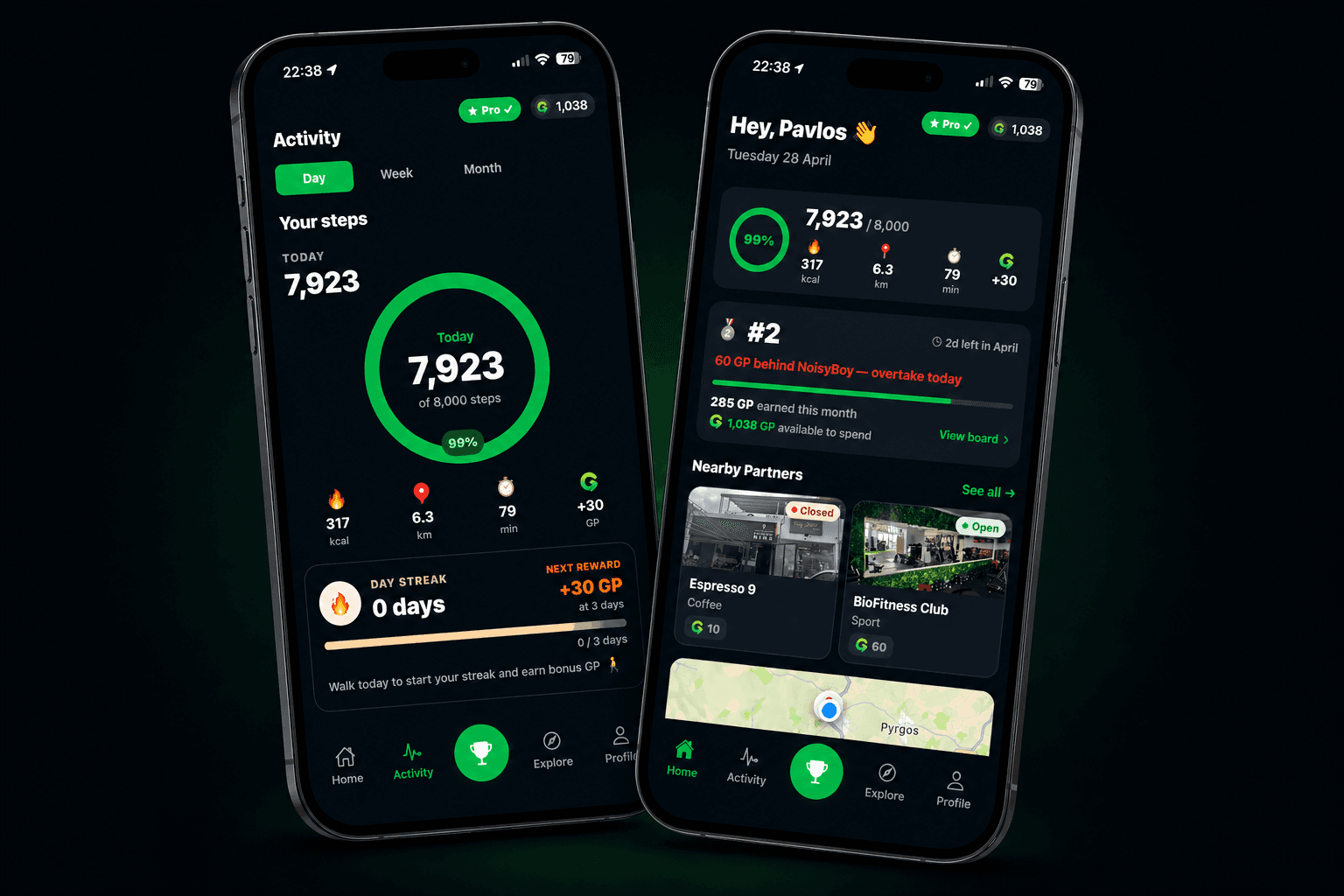 Goovo app screens showing steps tracking and reward redemption